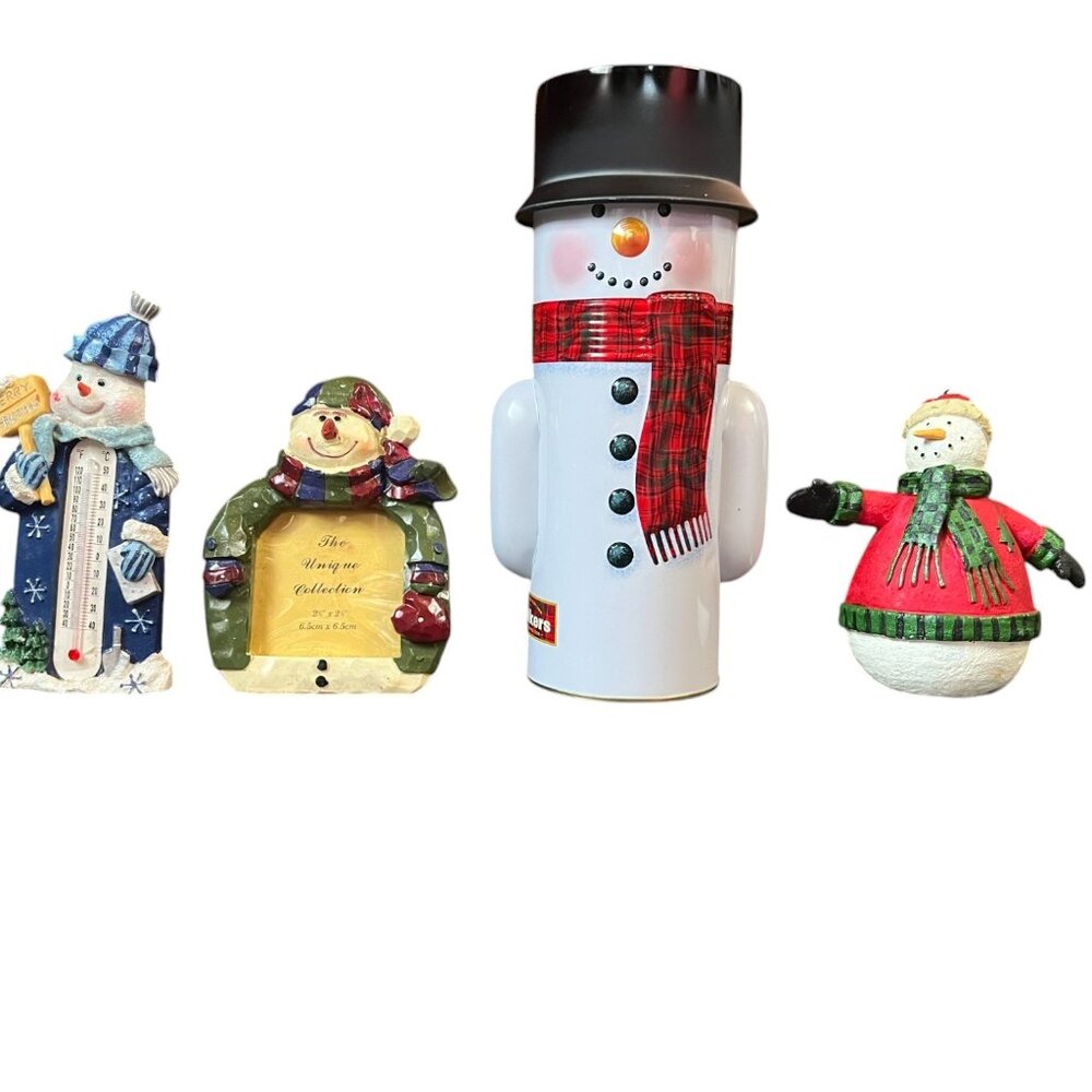Lot of 4 Snowmen: Thermometer, Photo Frame, Tin, Figurine